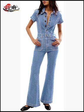 Denim Jumpsuit Flare Wide Leg Short Sleeve Button Stretch Romper
